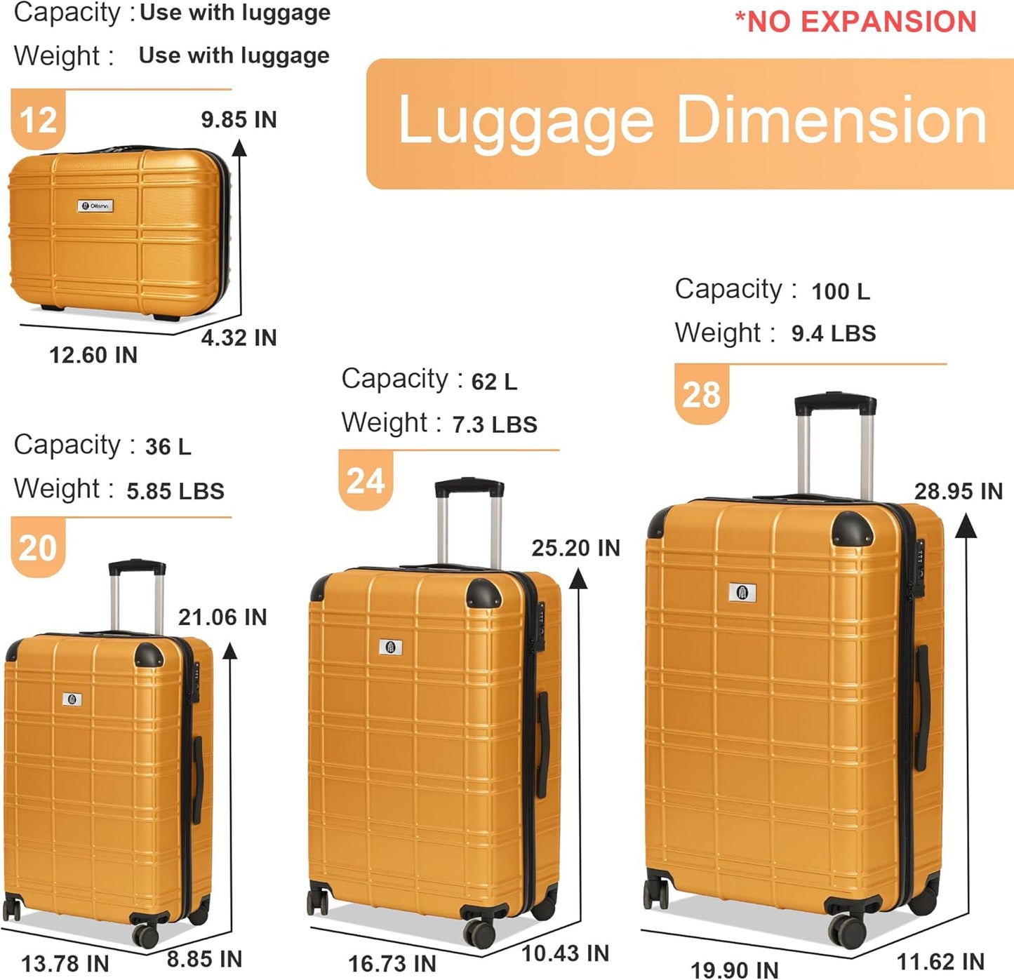 Luggage Sets 4 Piece, ABS PC Lightweight Suitcases with Wheels, Hardshell Luggage Sets Suitcase set with TSA Lock Orange (12in 20in 24in 28in)