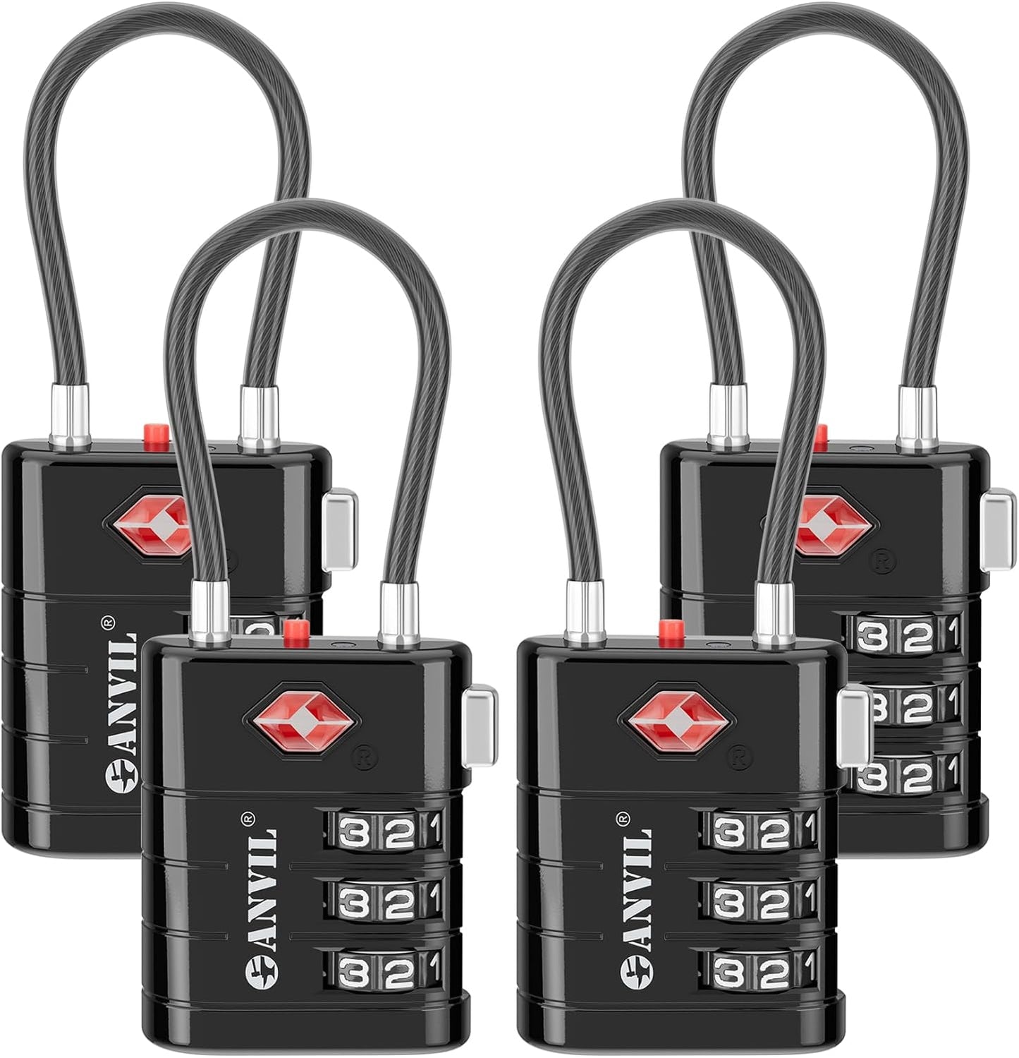 ANVIL TSA Approved Luggage Locks – High Security TSA008 Combination Travel Locks with Inspection Indicator for Suitcases and Backpacks. (4, Black)