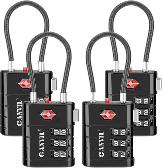 ANVIL TSA Approved Luggage Locks – High Security TSA008 Combination Travel Locks with Inspection Indicator for Suitcases and Backpacks. (4, Black)