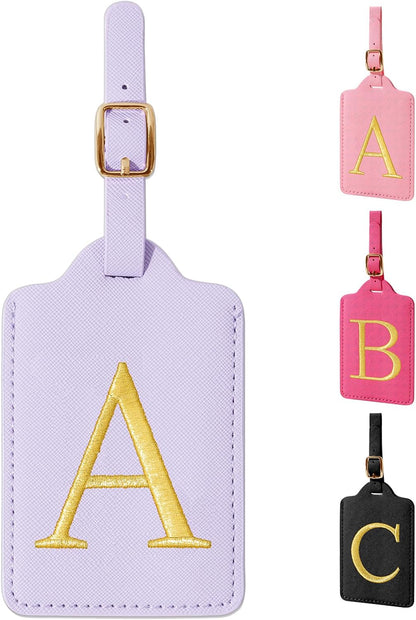 Personalized Initial Luggage Tags for Suitcase, Purple Leather Cute Luggage Tags with Privacy Cover Name Card, Embroidered Custom Monogrammed Luggage Tag Travel Backpack Tags Gifts for Women Kids(A)