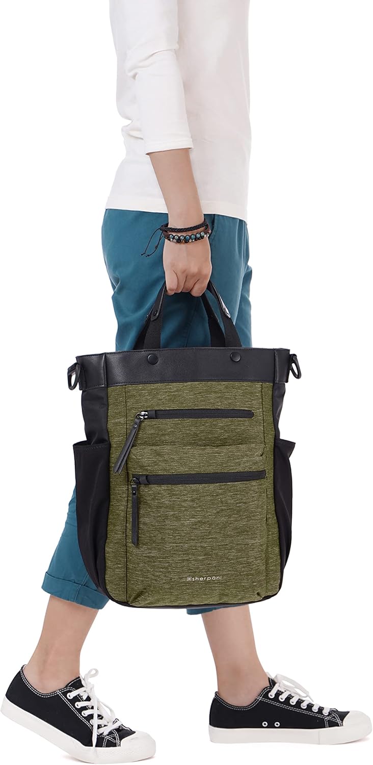 Sherpani Soleil, Anti Theft Convertible Backpack, 3 in 1 Tote Bag, Crossbody Bag, Cross Body Purse, 18L Travel Backpack, Travel Gifts for Women, RFID Protection, Fits 13” Laptop (Loden Lite)
