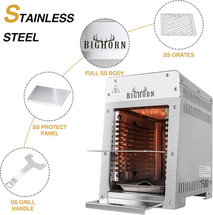 BIG HORN OUTDOORS Portable Infrared Broiler Propane Gas Grill, 1500 Degree Stainless Steel Tabletop Quick Cooking Steak Grill for Meat, Seafood, Veggies