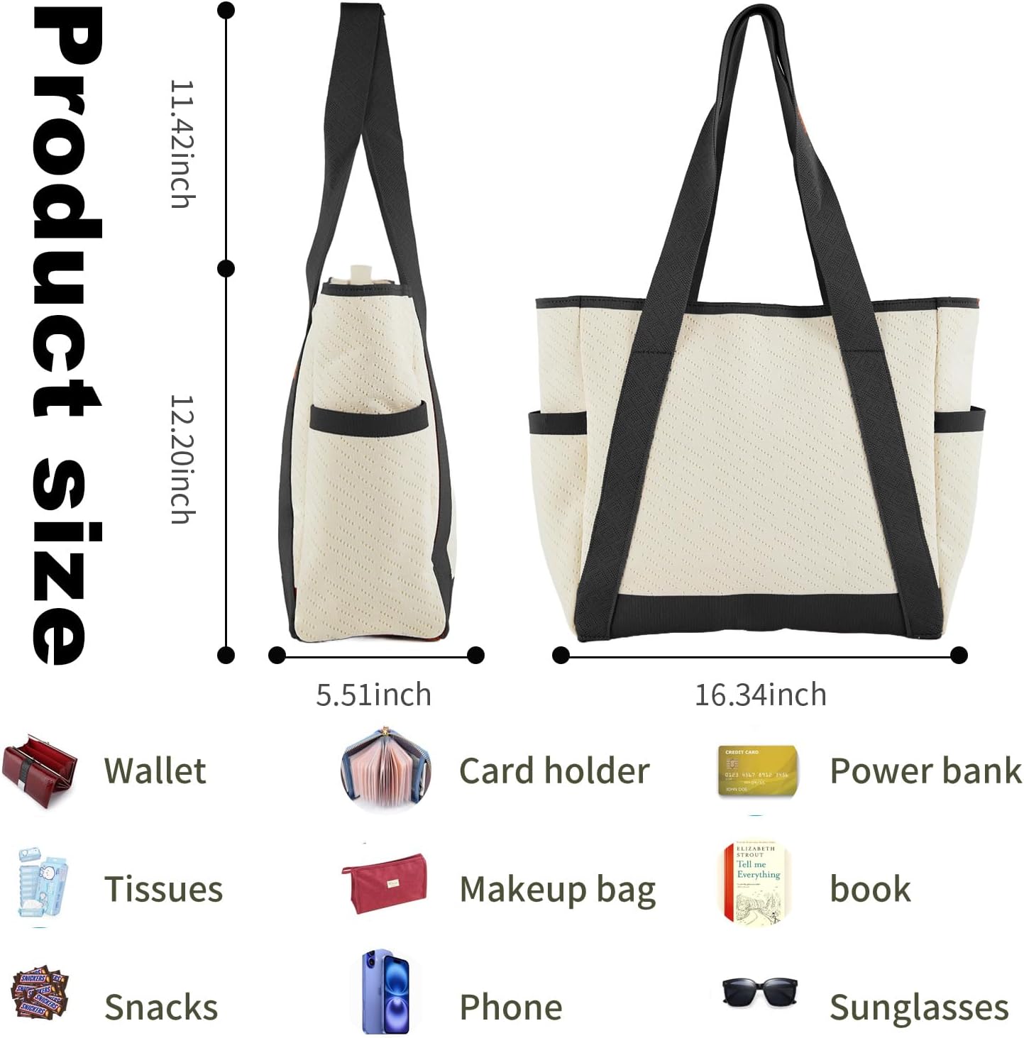 Large Canvas Tote Bag,White and Green, with Laptop Sleeve and Multiple Pockets