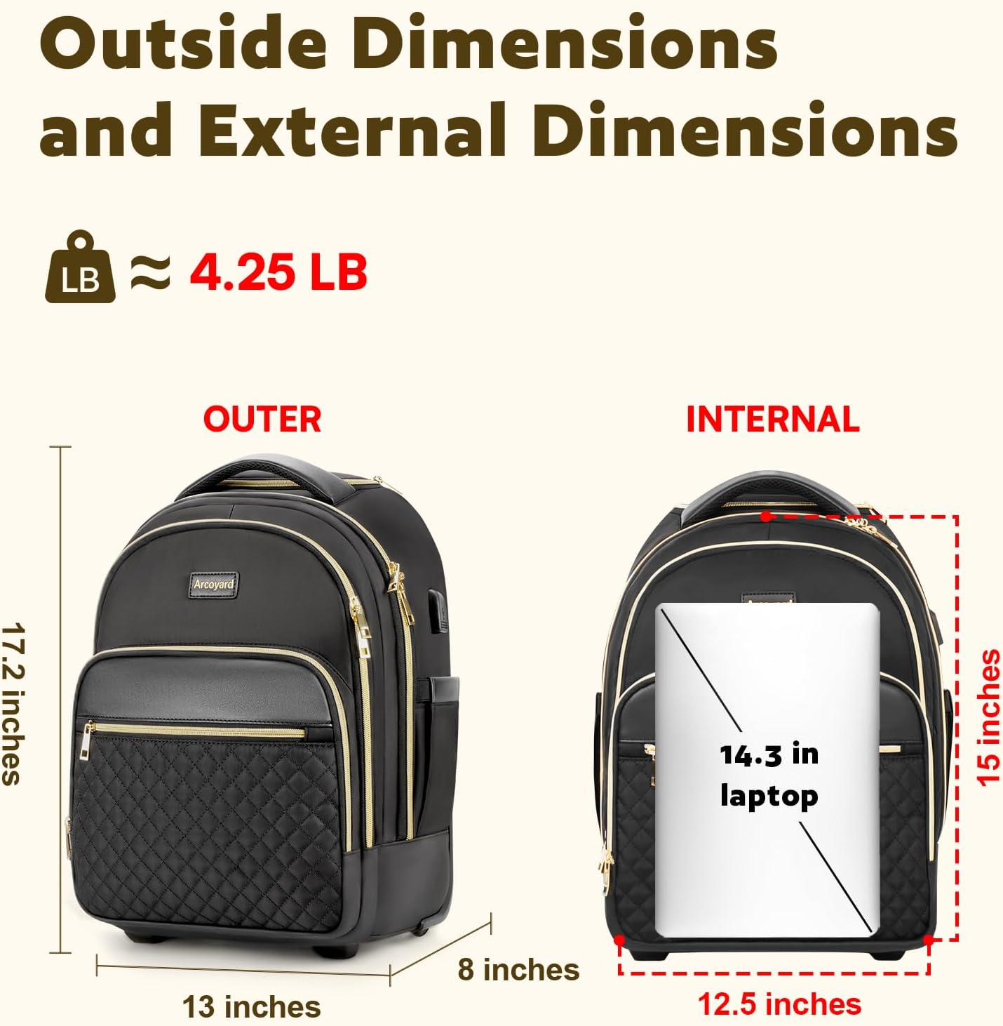 Small Rolling Backpack for Women, Lightweight Travel Backpack with Wheels, Roller Backpack for Adults, Water Resistant Rolling Laptop Bag, Wheeled Underseat Carry On Luggage, Black Gold