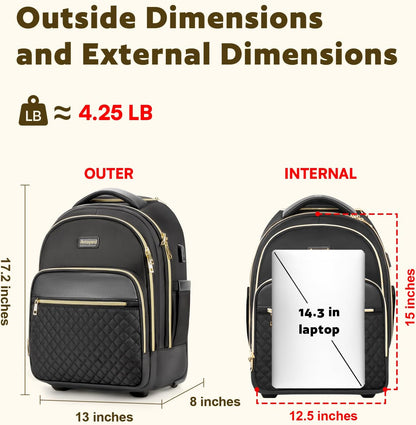 Small Rolling Backpack for Women, Lightweight Travel Backpack with Wheels, Roller Backpack for Adults, Water Resistant Rolling Laptop Bag, Wheeled Underseat Carry On Luggage, Black Gold