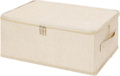ANMINY 3PCS Storage Bins with Zipper Lids 13 Qt Lidded Fabric Storage Boxes Baskets Cubes with Handles Collapsible Washable Cotton Linen Closet Shelf Clothes Organizer Containers - Beige, Small