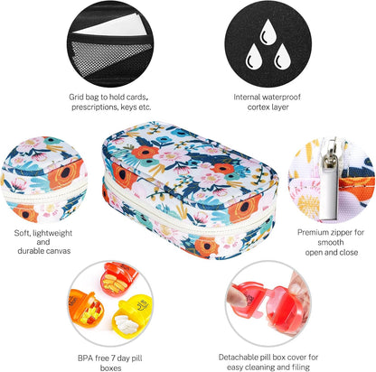 Serfeymi Weekly Travel Pill Organizer 2 Times A Day AM PM Rainbow Pill Box 7 Day with Zipper Canvas Pill Case, Medicine Organizer for Pills, Vitamins, Fish Oils - Black 02 + Bloom 01