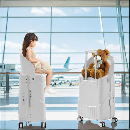 TABU 20" Ride-on Luggage with Seat，Front Opening Carry-On Hardshell Ride On Suitcase with Built-in Charging Port, 360° Lockable Spinner and TSA Lock, for Kids & Adults, White