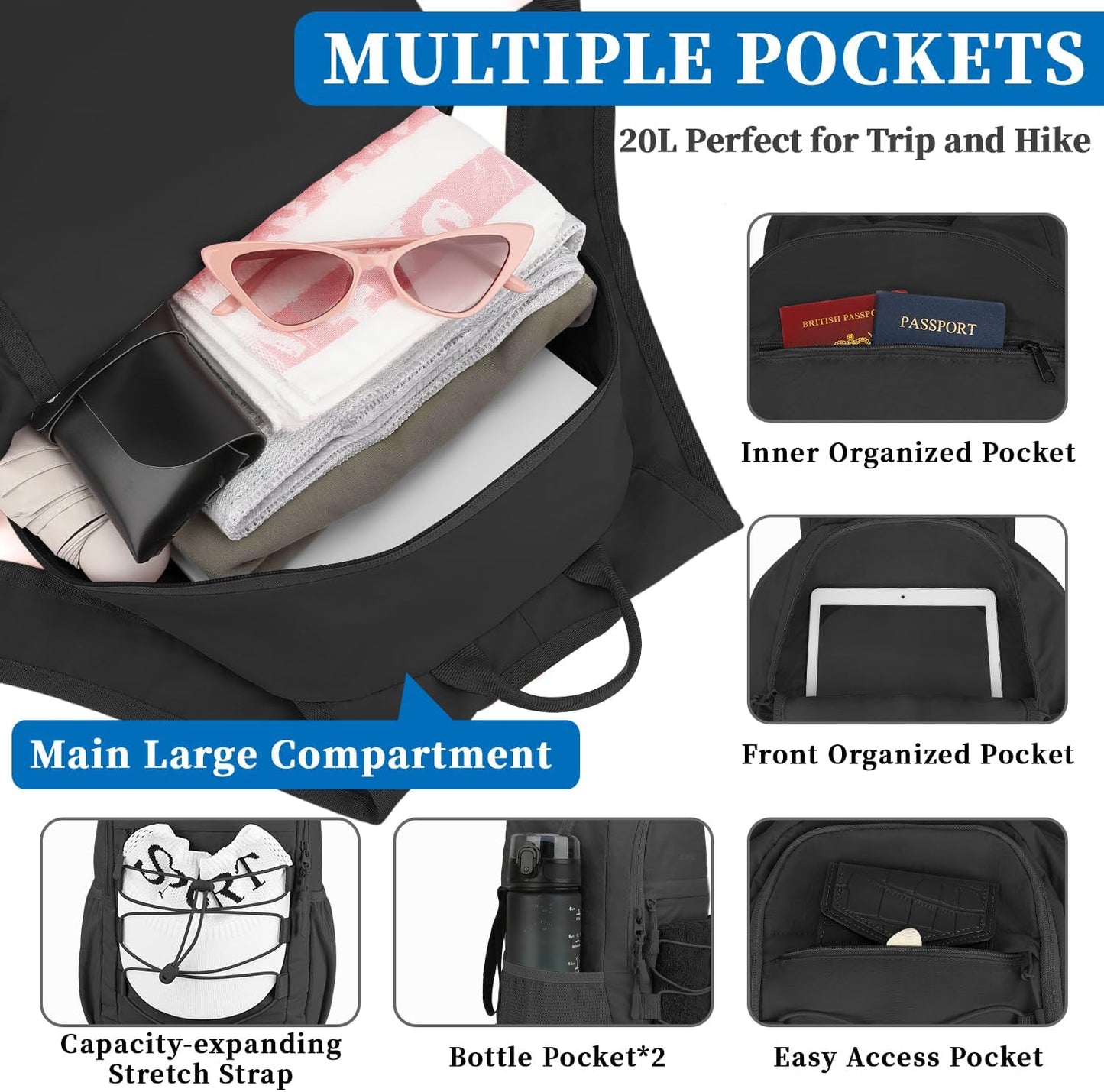 ZOMFELT Hiking Backpack for Women Men, 20L Lightweight Packable Backpack for Trip, Water Resistant Small Travel Backpacks, Foldable daypack for Hiking, Walking, Cycling, Camping, Black