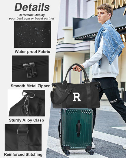 Initial Travel Duffel Bag Sports Gym Bag for Boys Teen Birthday Gifts,Black Personalized Weekender Bag Carry On Tote Bags for Men,Waterproof Overnight Luggage Bag Airplane Travel Essentials(Letter R)