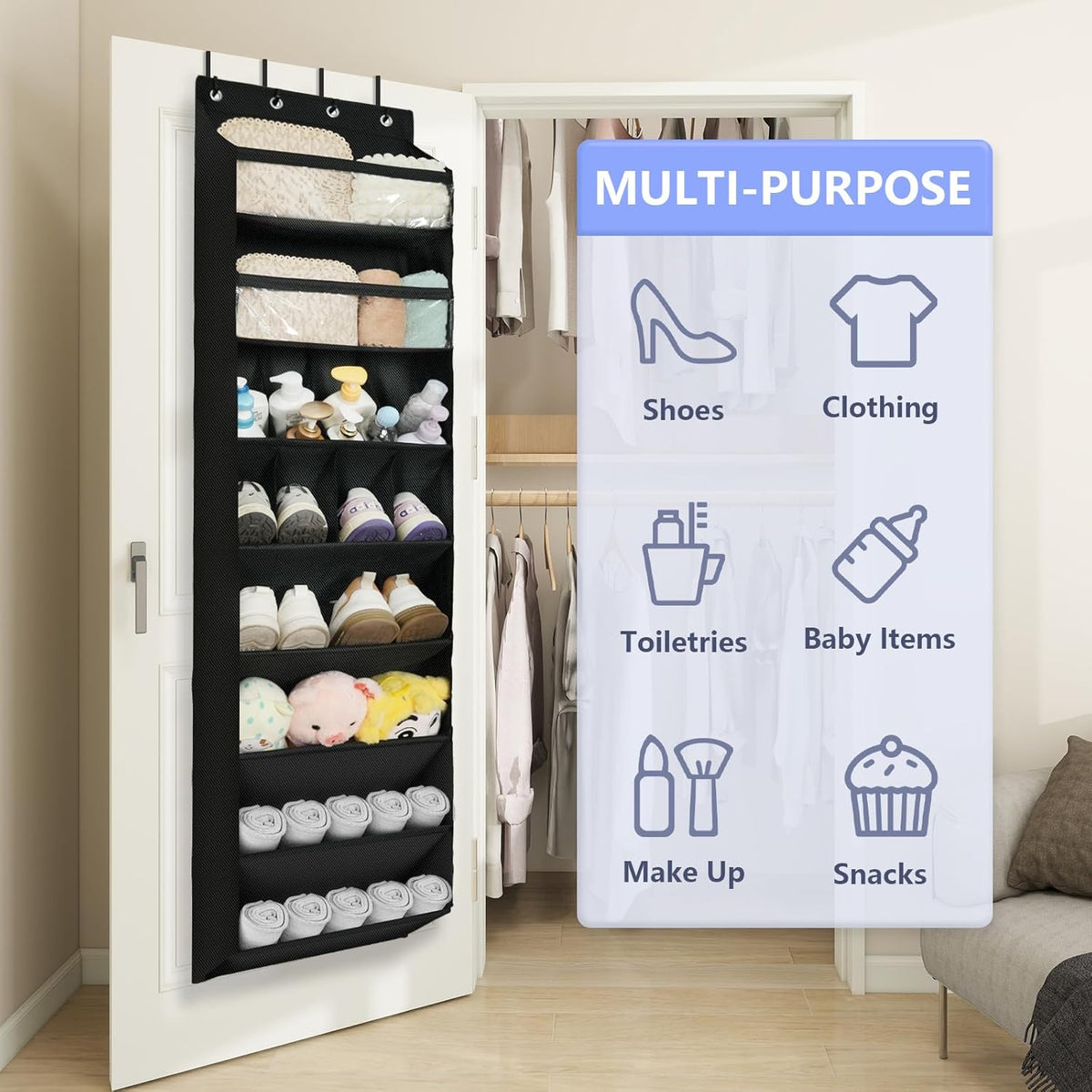 FENTEC 1 Pack 8 Shelves Over The Door Shoe Organizer, 68" Exlarge Deep Pockets Hanging Shoe Organizer, Shoe Rack for Closet, Shoe Holder for Boots,Over Door Organizer in Home, RV, Dorm, Black