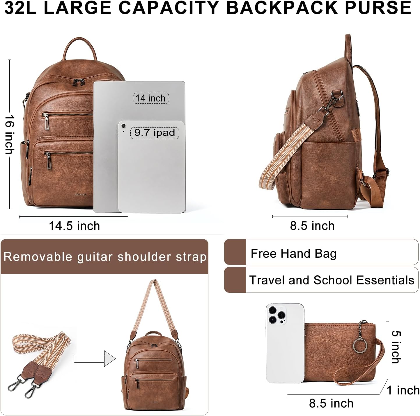 Backpack Purse for Women Laptop Backpack, Leather Travel Backpack Shoulder Bag Teacher College Daypack Work Handbag fits 14" Laptop-Brown