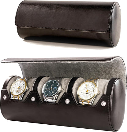 MR.OKAY 3 Watch Travel Case- Classic Leather Watch Case With Perfect Texture.Portable Watch Roll Or Organizer For Storage And Display. Luxury Gifts For Men, All Handmade by Artisans.