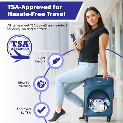 Trektote Travel Toiletry Kit For Men And Women – 20 Piece Set of Travel Size Toiletries, TSA Compliant, Includes Shampoo And Conditioner, Body Wash, Toiletry Bag & More