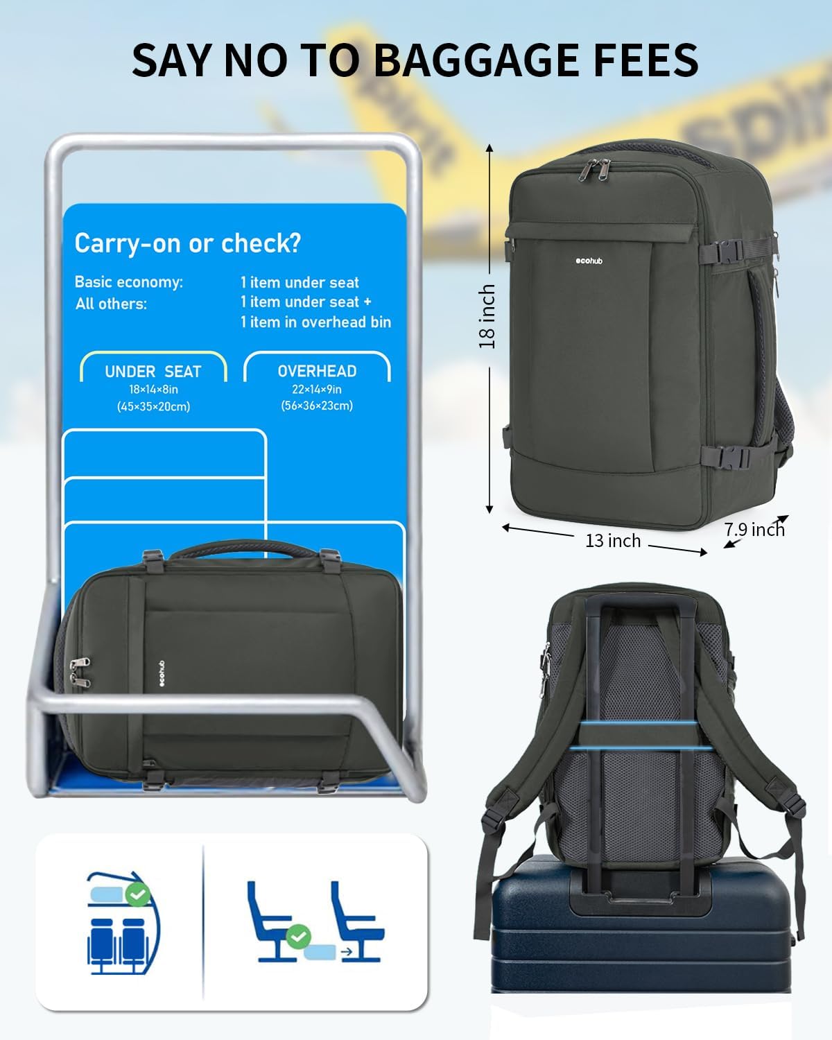 ECOHUB Travel Backpack for Men Women, Carry on Backpack with USB Charging Hole, Spirit Airlines Personal Item Bag Flight Approved, 15.6 Inch Laptop Backpack with Anti Theft Pockets, 30L, Grey Green