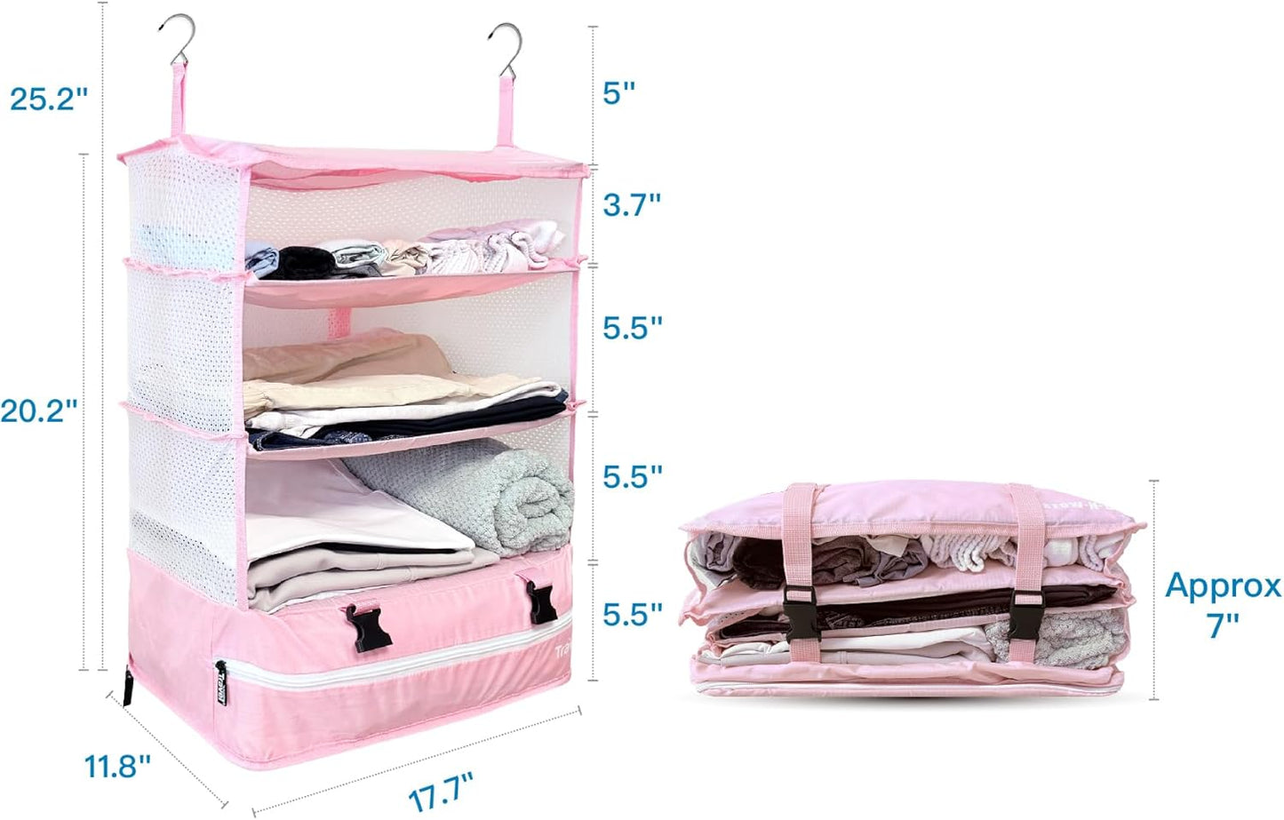 Grand Fusion Stow-N-Go Travel Luggage Organizer – Portable Hanging Travel Shelves, Carry-On Closet Organizer, Hanging Packing Cubes, Collapsible Carry-On Organizer for Cruises & Hotels. Pink - XL