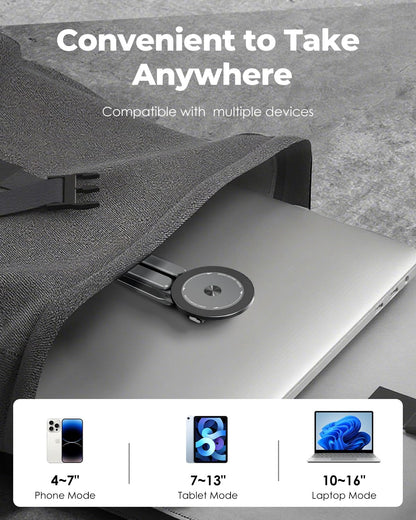 Viozon Portable Laptop Stand for Desk & Travel, Magnetic Phone Holder Tripod, Compatible with 10–16" Laptops and 4–13" Phones/Tablets, Compact Foldable Aluminum Alloy, 8-Level Height Adjustment