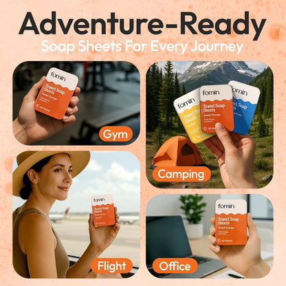 FOMIN - Antibacterial Paper Soap Sheets Tin for Traveling - (300 Sheets) Orange - Portable Travel Hand Soap Sheets, Dissolvable Mini Camping Hand Soap for Hand Washing