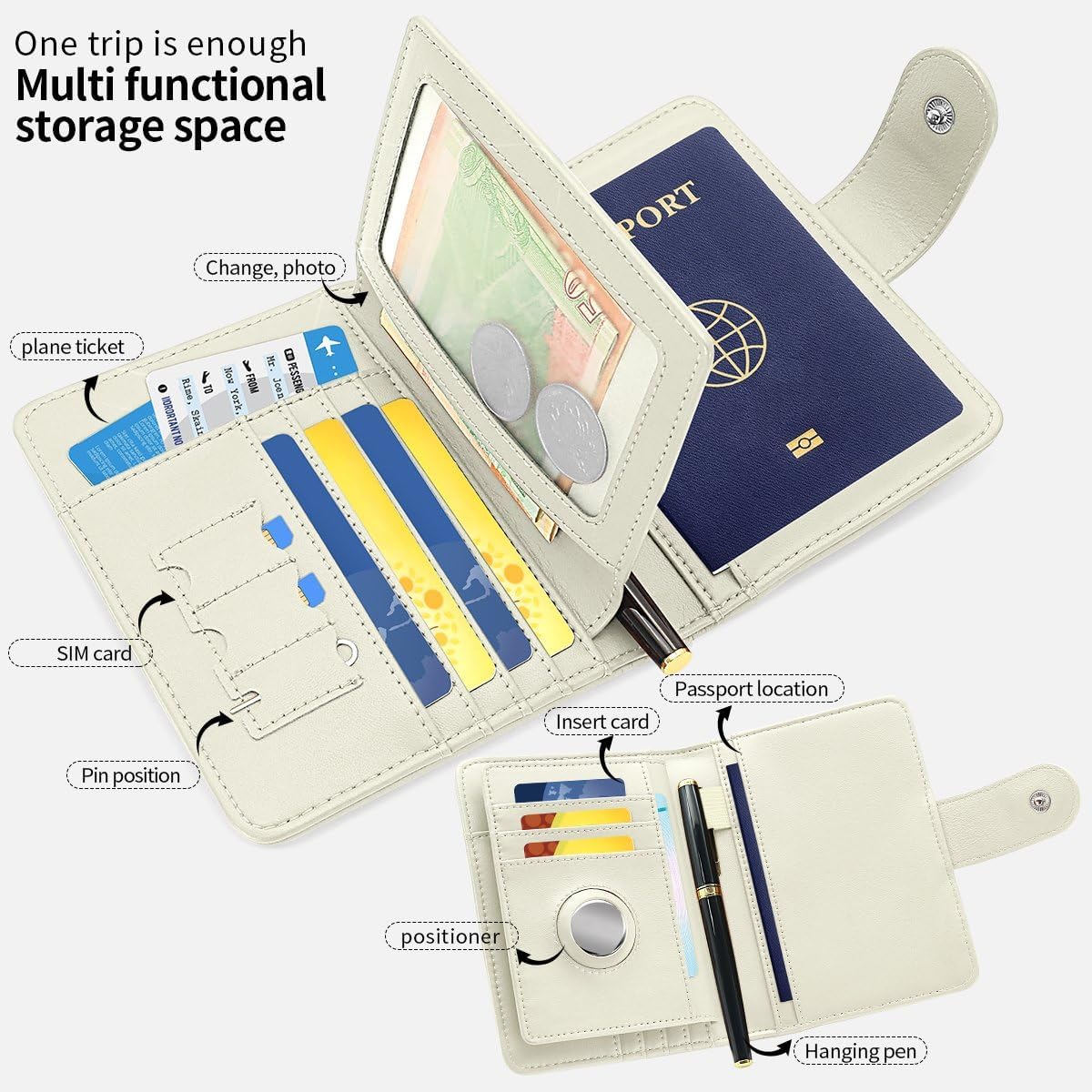 Passport Holder Wallet Bag with AirTag Holder, Card Slots Passport Solt Ticket Cash Solt, Photo Solt Sim Card Pen Slot.White