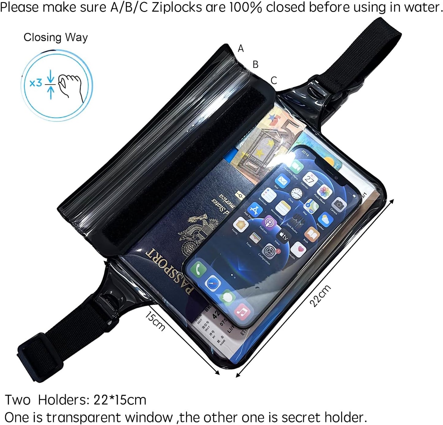 DRLOKPAK Waterproof Waist Bag Pouch Fanny Pack Bum Bag with Secret Holder Keeps Your Phone Kindle Wallet Watch & Valuables Dry - Perfect for Surf Canoe Swim Snorkel Dive Beach Pool(Black)