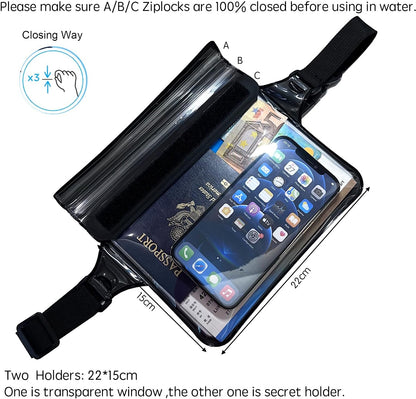 DRLOKPAK Waterproof Waist Bag Pouch Fanny Pack Bum Bag with Secret Holder Keeps Your Phone Kindle Wallet Watch & Valuables Dry - Perfect for Surf Canoe Swim Snorkel Dive Beach Pool(Black)