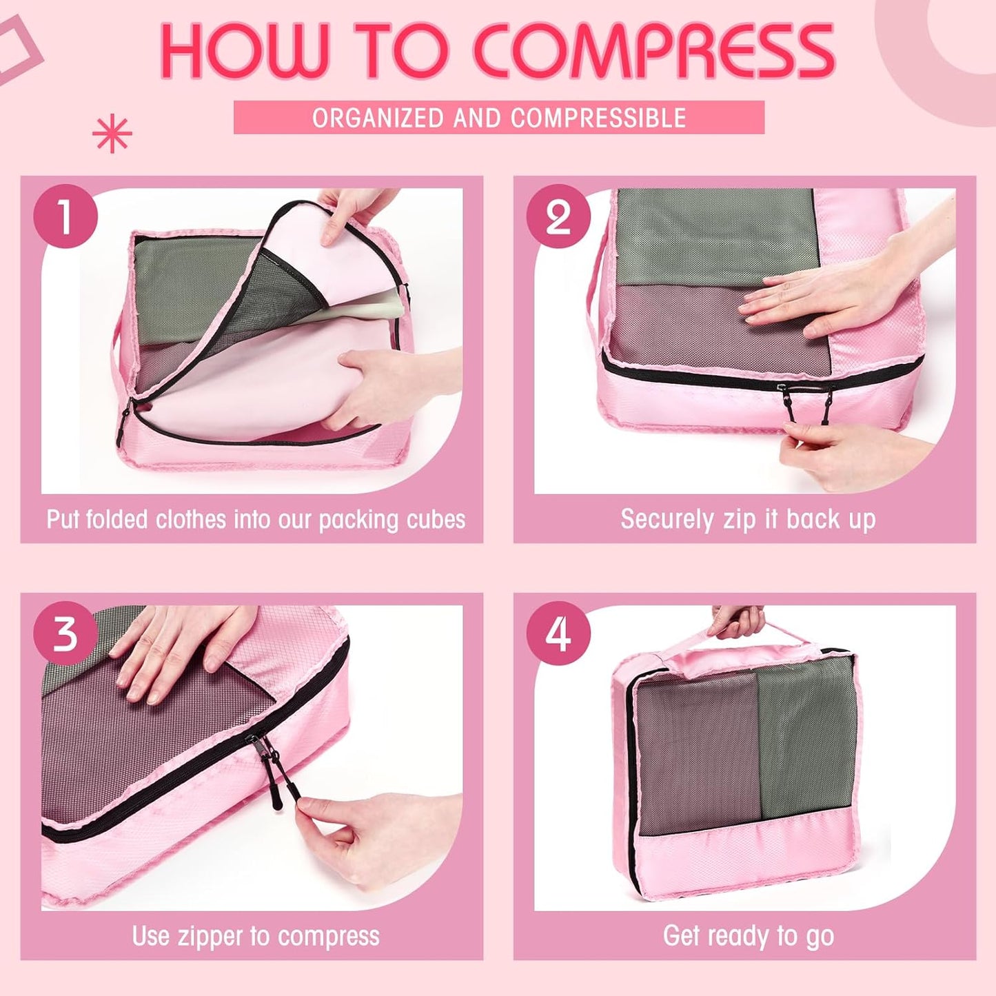 5 Pcs Packing Cubes for Suitcase Large Travel Cubes Carry on Luggage Organizer Bags for Clothes Accessories(Mixed,Pink)