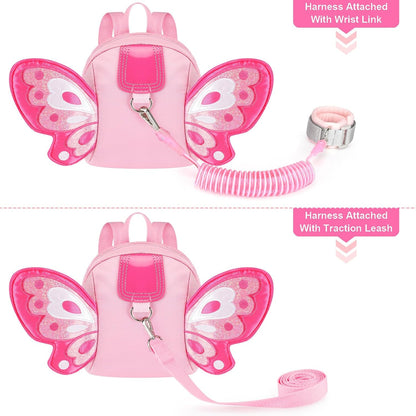Accmor Toddler Harness Backpack Leash, Cute Butterfly Kid Backpacks with Anti Lost Wrist Link, Mini Child Backpack Harness Leashes Walking Wristband Travel Bag Harness Rein for Baby Girls (Pink)