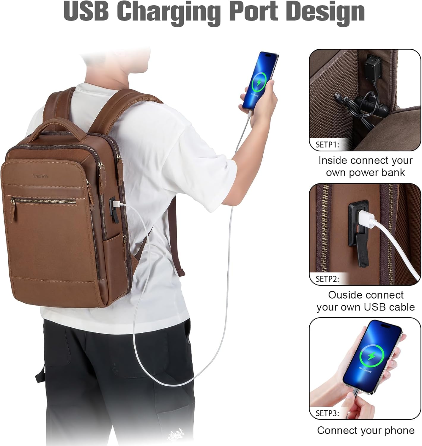 Tzowla Leather Laptop Backpack, Bag for Men and Women,Business Travel Work Rucksack Fits 15.6 Inch Laptop,Bookbag with USB and Type-C Charging Port-Black