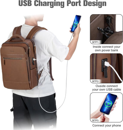 Tzowla Leather Laptop Backpack, Bag for Men and Women,Business Travel Work Rucksack Fits 15.6 Inch Laptop,Bookbag with USB and Type-C Charging Port-Black