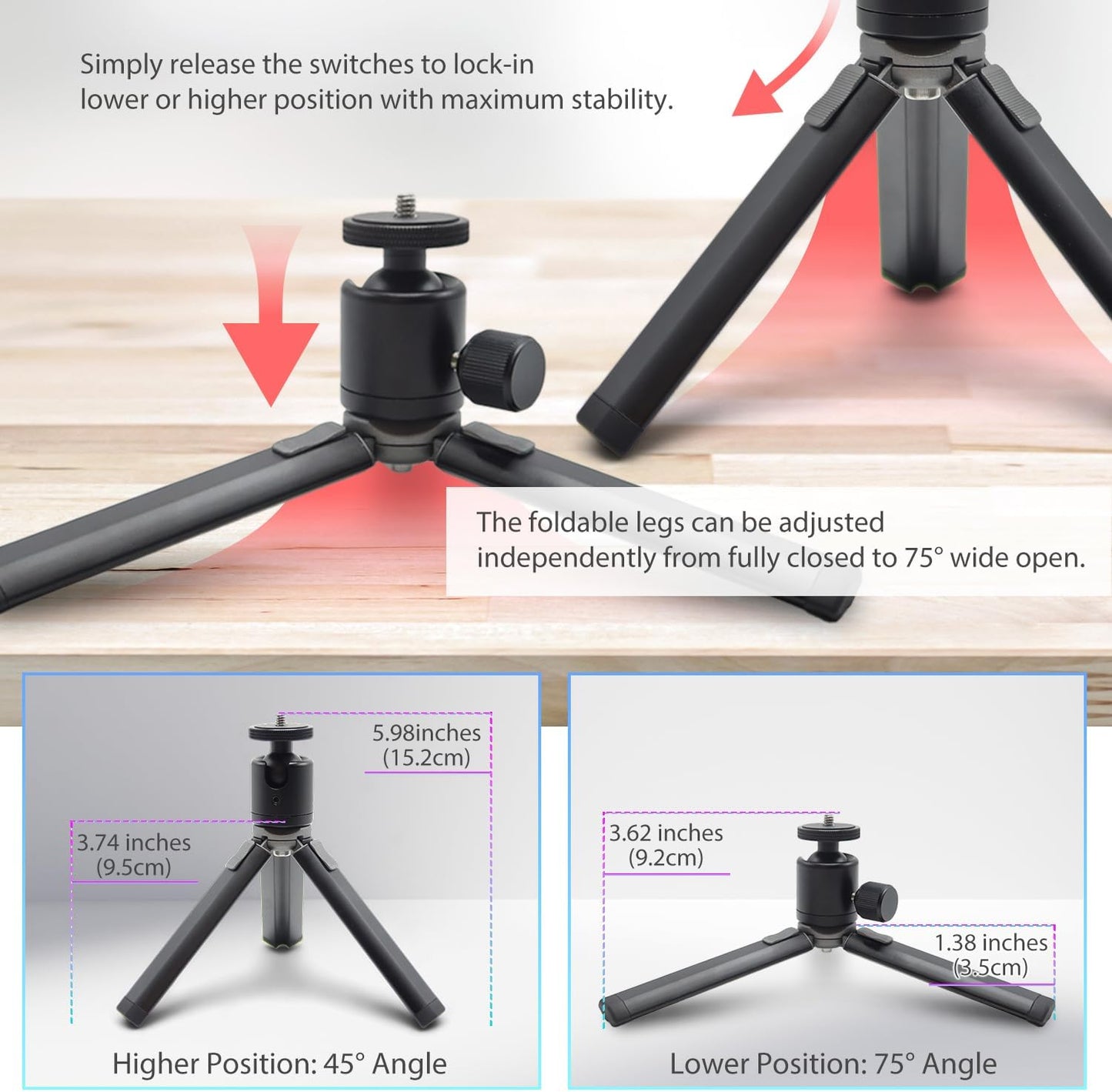 Kado Metal Portable Monitor Stand Tripod, 100x100mm 75x75mm Wall/Arm Mount Adapater Bracket Plate, 360° Ball Head and 1/4" Screw Compact for Phone, Tablet, Projector, Camera and Webcam