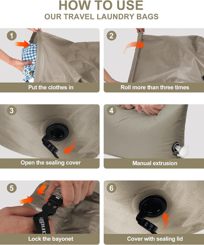 Travel Laundry Bag, Pump Free Vacuum Storage Bag Reusable Compression Dirty Clothes Travel Bag Waterproof Wet Dry Bags Large Capacity Space Saver Bags Camp Clothes Organizer (1 Pcs)(Gray, L)