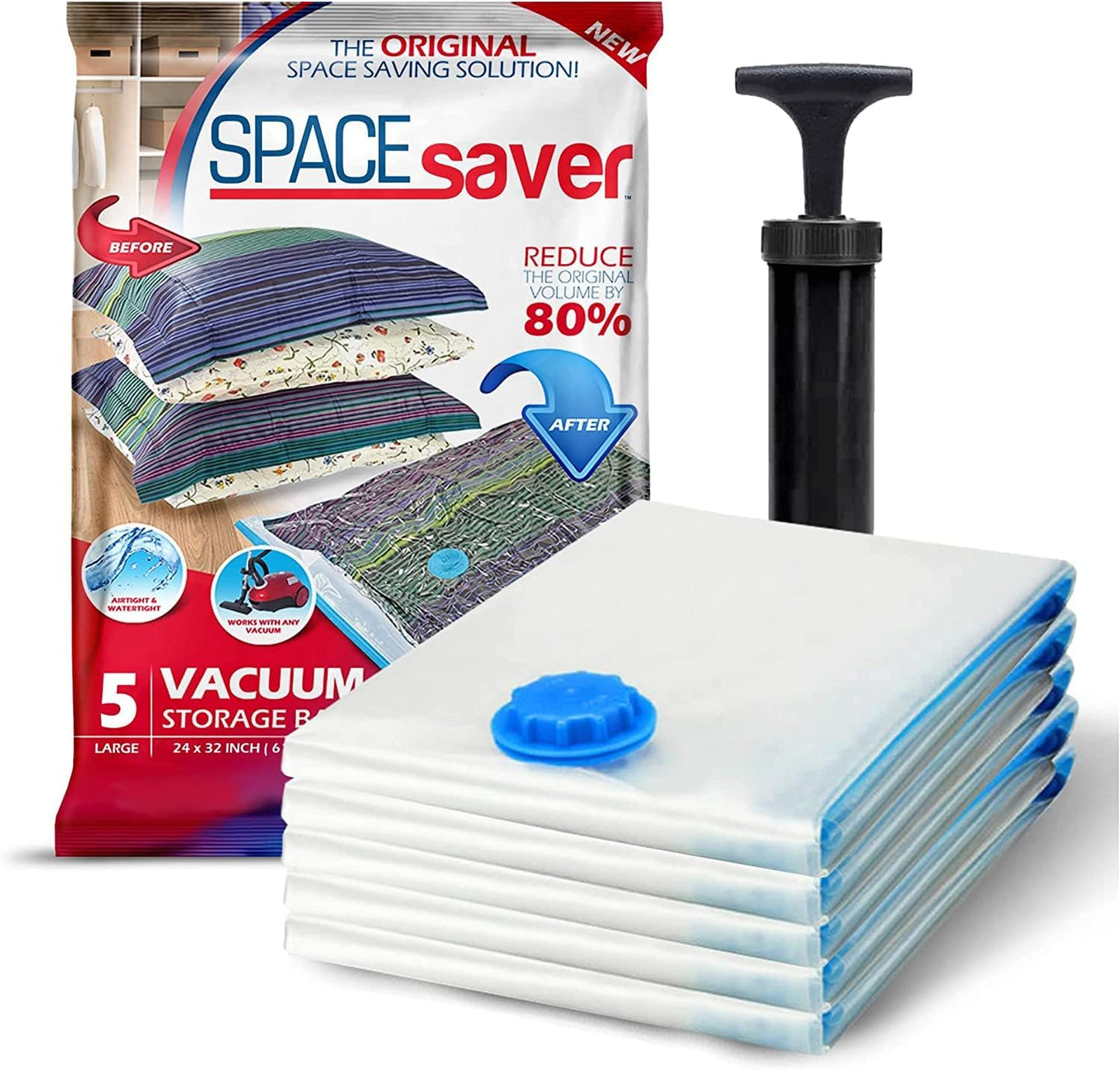 5 Pack Large Vacuum Storage Bags for Comforters, Blankets & Clothes – Vacuum Sealed Compression Bags with Hand Pump – Space Saver Storage Bags for Bedding, Moving, Travel & Organization