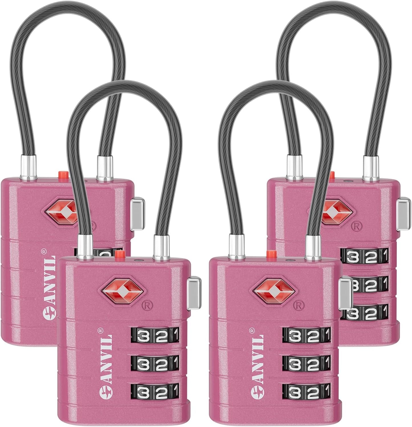 ANVIL TSA Approved Luggage Locks – High Security TSA008 Combination Travel Locks with Inspection Indicator for Suitcases and Backpacks. (4, Rose Purple)