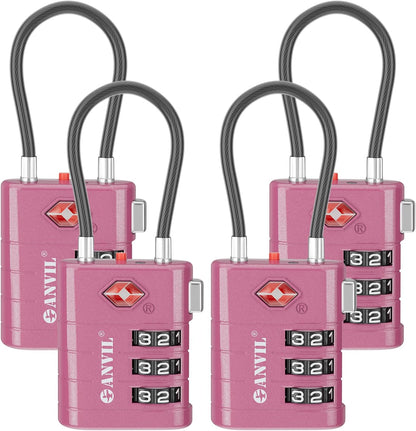 ANVIL TSA Approved Luggage Locks – High Security TSA008 Combination Travel Locks with Inspection Indicator for Suitcases and Backpacks. (4, Rose Purple)
