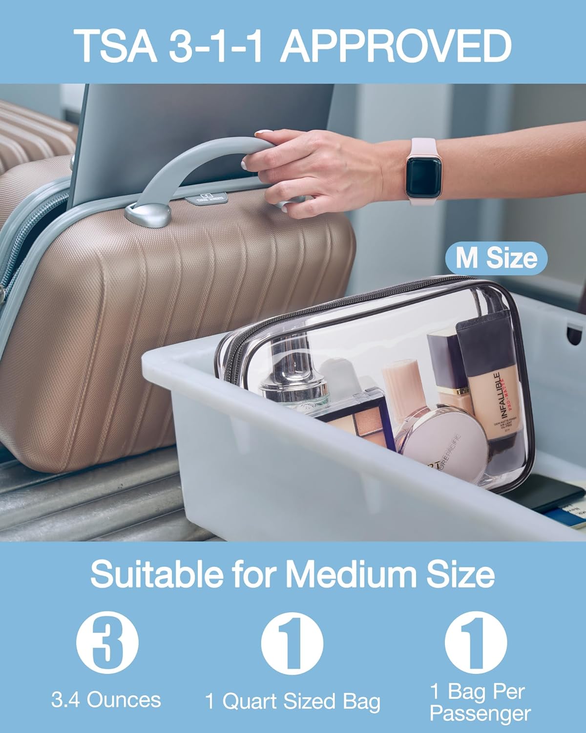 BAGSMART Clear Toiletry Bag, 2 Packs TSA Approved Water Resistant Quart Size Travel Organizer, 2 Sizes Airport Airline Travel Essential Carry On Makeup Cosmetic Bags for Women, Black