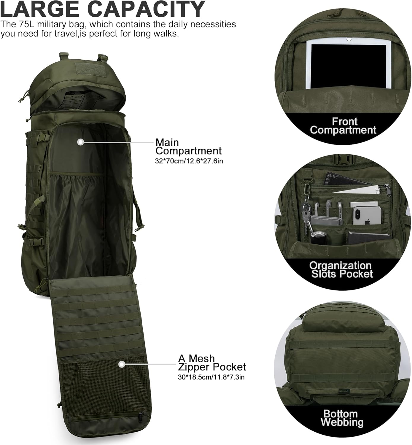 Mardingtop 75L Molle Hiking Internal Frame Backpacks with Rain Cover for Camping,Backpacking,Travelling