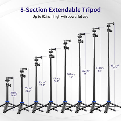 Selfie Stick Tripod for Gopro Camera, 62" Extendable Tripod Stand with 360° Ball Head 1/4" Screw, Portable Lightweight Camera Tripod for GoPro Max Hero 11 10 9 8 7 6 5 DJI OSMO Action Camera