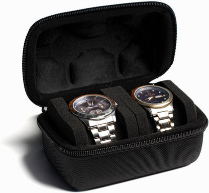 2 slot Hard Watch Travel Case, Watch Roll Case Storage and Organizer for Men and Women, with anti-move watch pillow (Black fabric 2 slot)