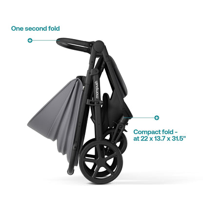 Mompush Nova Baby Stroller for Toddler, Infant & Newborn | Spacious Seat & Lie-Flat Mode | Compact One-Hand Fold, UPF 50+ Canopy & All-Wheel Suspension | Includes Rain Cover & Cup Holder, Grey