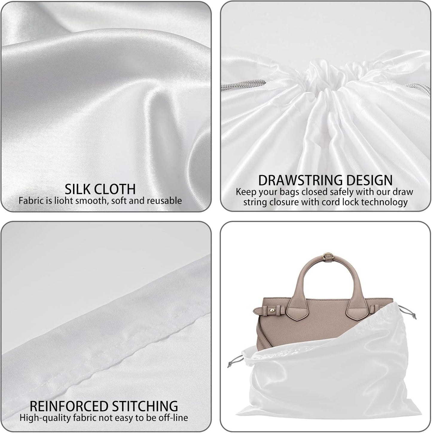 6 Pack Dust Bags for Handbags Silk Dust Cover Bag for Handbags Purses Shoes Boots, Silk Dustproof Drawstring Bag Travel Storage Pouch (White, 19.6 × 15.7 in)