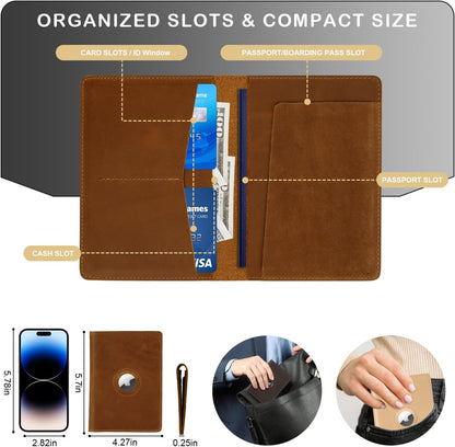 Passport Holder for Men and Women Travel, Real Leather Passport Wallet, Handmade Passport Cover Case with Airtag Slot, Travel Must Haves Essentials Accessories Birthday Gifts(Crazy Horse,Brown)