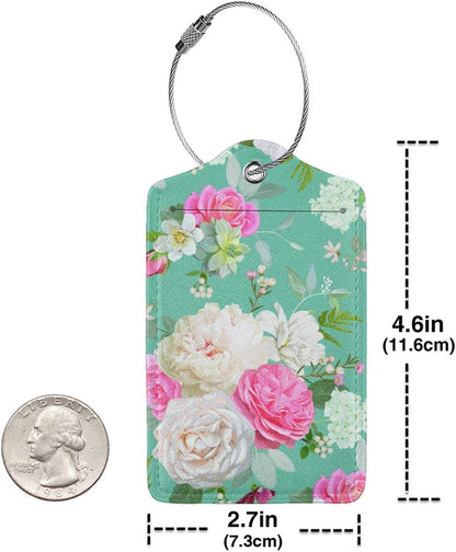 Set of 2 Beautiful Floral-Themed Luggage Tags with Pink and White Roses Flower Pattern, Cute Succulent Green Suitcase Travel Tags for Women Girls, Name ID Identifier Labels with Full Privacy Cover