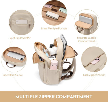 Hiking Travel Backpack for Women Casual Business Weekender Multilayer Laptop Bag,16 Inch,Apricot