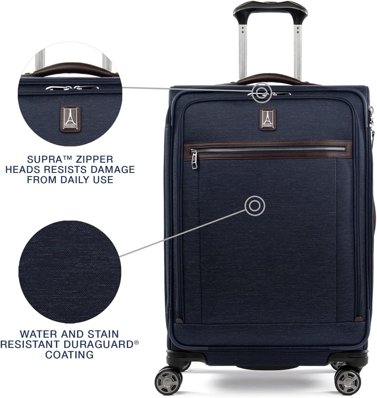 Travelpro Platinum Elite Softside Expandable Checked Luggage, 8 Wheel Spinner Suitcase, TSA Lock, Men and Women, True Navy Blue, Checked Medium 25-Inch