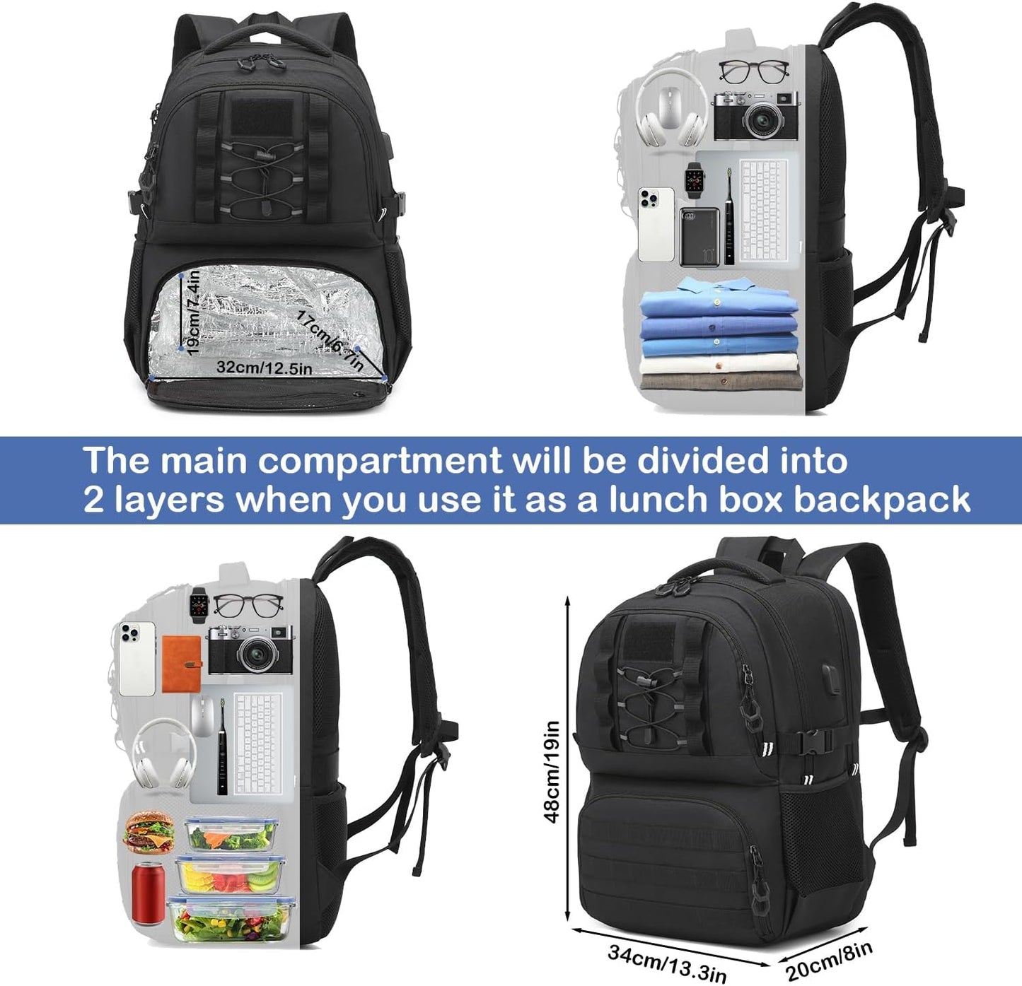 Laptop Lunch Backpack for Men - 40L Large Capacity Work Backpack with Lunch Compartment and USB Post, RFID Insulated Cooler Backpack for Work, Travel, Picnic, Black