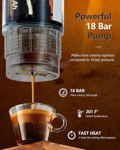 CONQUECO Portable Espresso Coffee Machine: 12V Electric Small Travel Expresso Maker - Self Heating 8 Cups Battery Powered Compatible for Nespresso Capsule - for Camping RV Hiking Office (Forest Green)