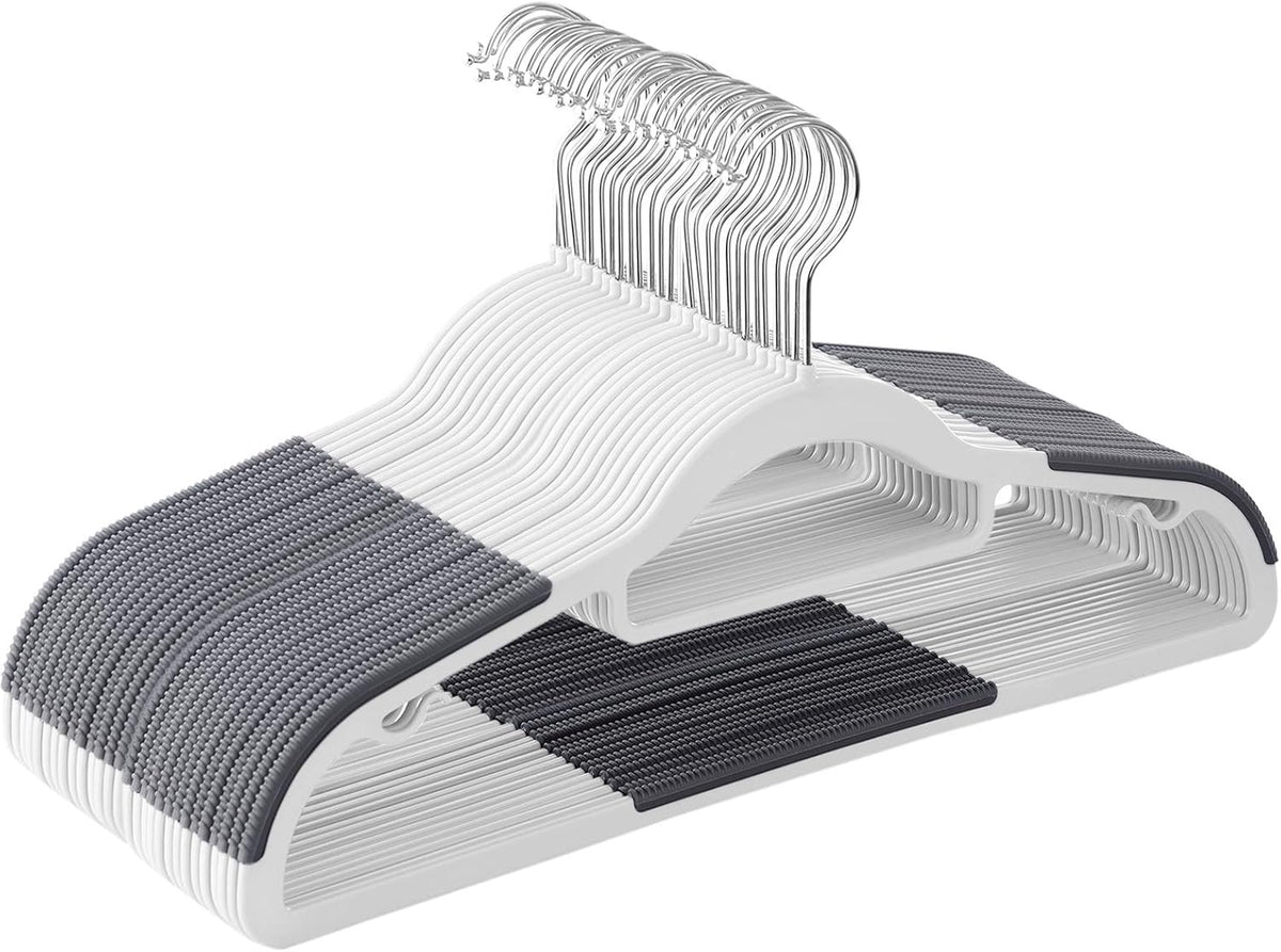 SONGMICS Pack of 30 Coat Hangers, Space-Saving Plastic Clothes Hangers, Non-Slip, 0.2 Inches Slim, 16.5 Inches Wide, 360° Swivel Silver Hook, White and Dark Gray UCRP20WG30