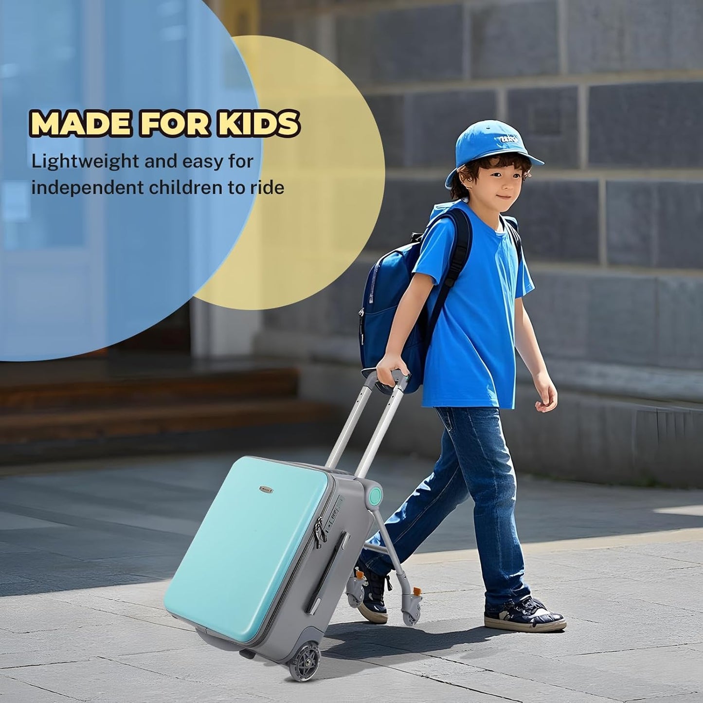 FAHKNS Ride on Carry On Suitcase for Kids,Large Suitcases with Child Seat Design,Rolling Travel Luggage With Kids Seat for Airplane,Blue