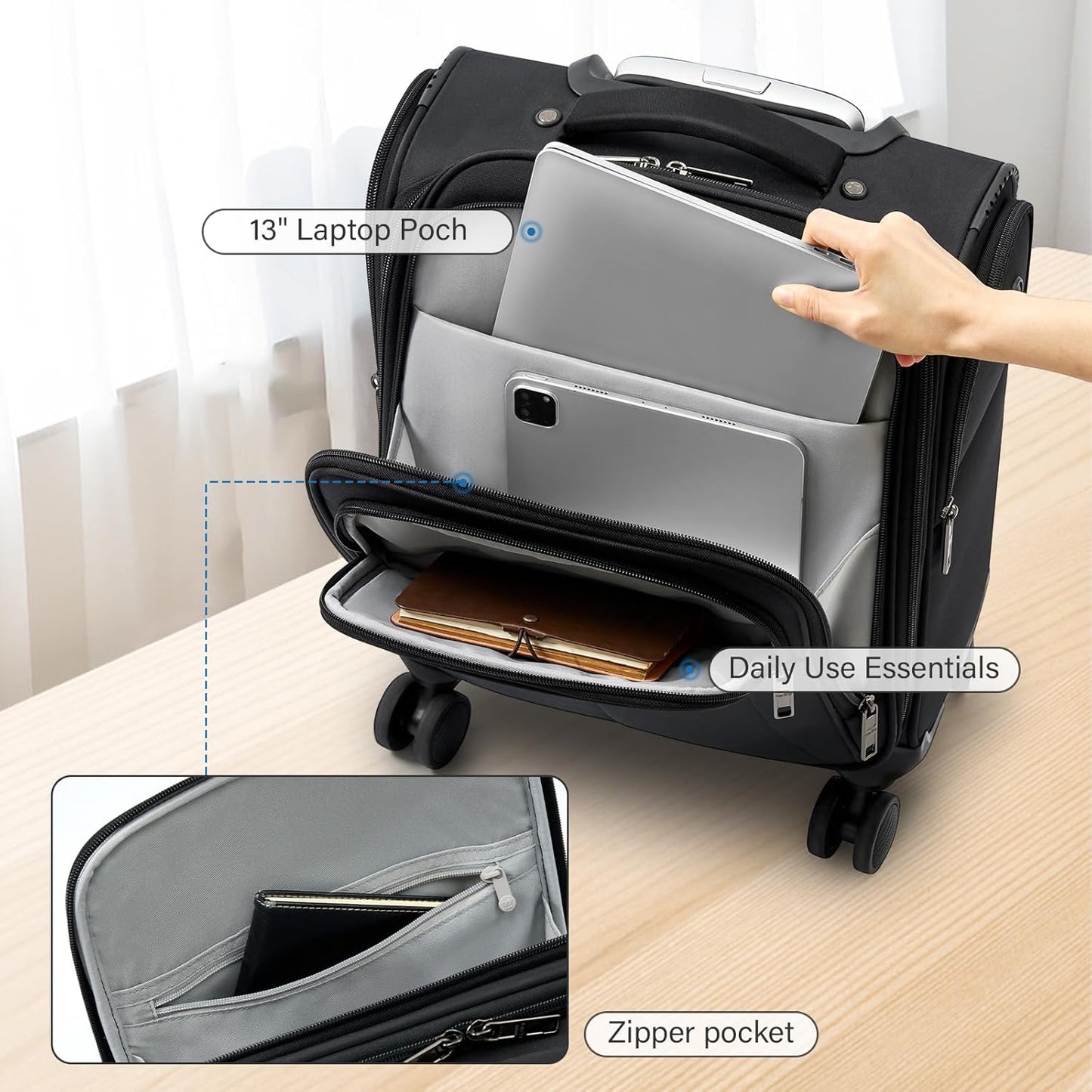 16 Inch Underseat Carry On Luggage with Wheels Softside Small Suitcases Personal Item Bag with Pocket Travel Luggage for Men Women Business Overnight Bag(Black)