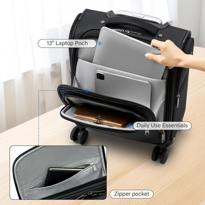 16 Inch Underseat Carry On Luggage with Wheels Softside Small Suitcases Personal Item Bag with Pocket Travel Luggage for Men Women Business Overnight Bag(Black)